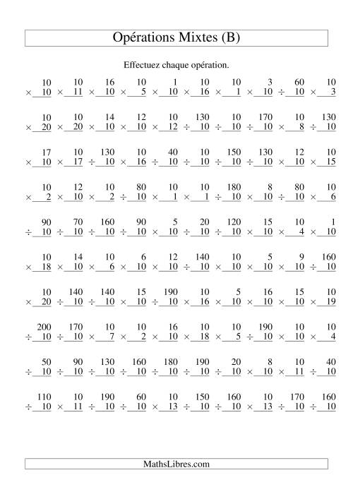 Multiplication et Division -- Règles de 10 (Variation 1 à 20) (B)