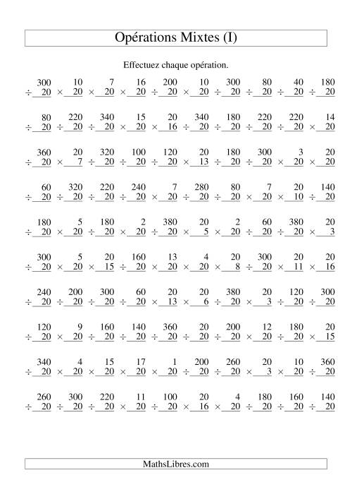 Multiplication et Division -- Règles de 20 (Variation 1 à 20) (I)