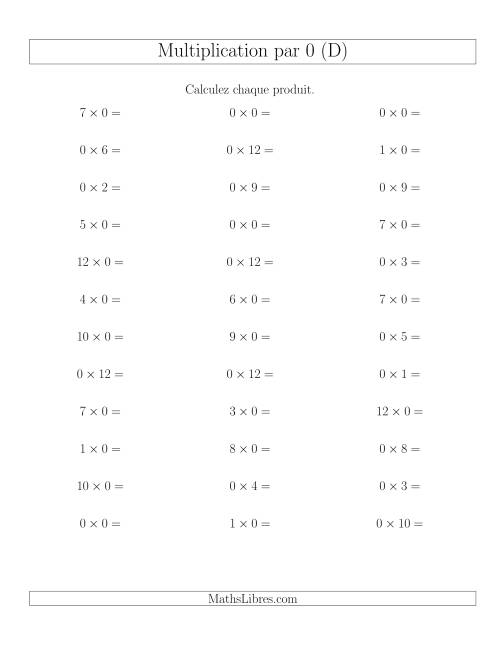 Règles de Multiplication Individuelles -- Multiplication par 0 -- Variation 0 à 12 (D)