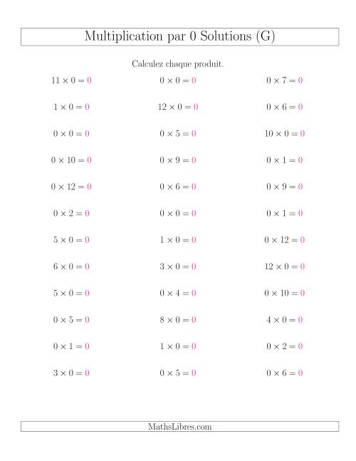 Règles de Multiplication Individuelles -- Multiplication par 0 -- Variation 0 à 12 (G) page 2