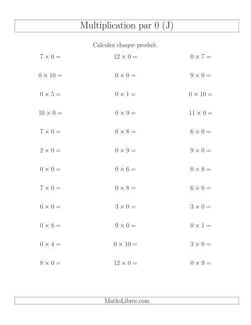 Règles de Multiplication Individuelles -- Multiplication par 0 -- Variation 0 à 12 (J)
