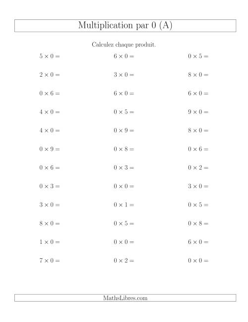 Règles de Multiplication Individuelles -- Multiplication par 0 -- Variation 0 à 9 (A)
