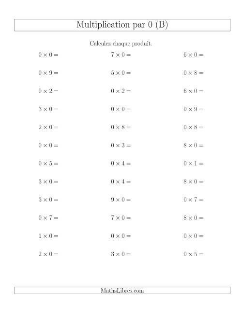 Règles de Multiplication Individuelles -- Multiplication par 0 -- Variation 0 à 9 (B)