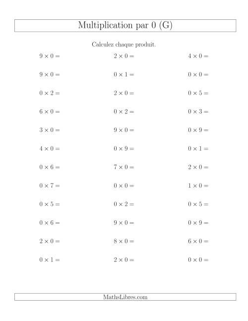 Règles de Multiplication Individuelles -- Multiplication par 0 -- Variation 0 à 9 (G)