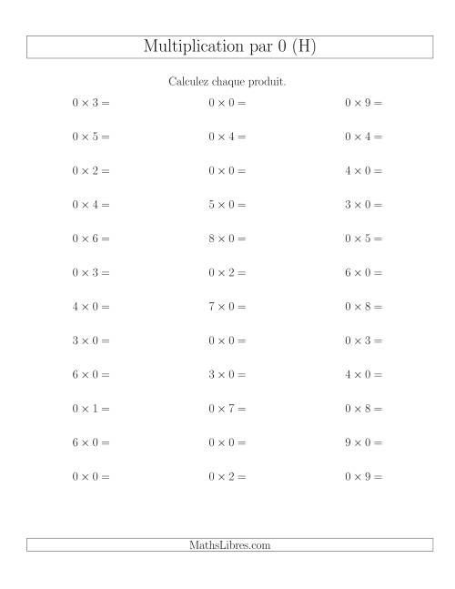 Règles de Multiplication Individuelles -- Multiplication par 0 -- Variation 0 à 9 (H)