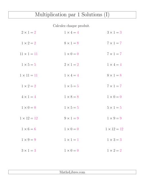 Règles de Multiplication Individuelles -- Multiplication par 1 -- Variation 0 à 12 (I) page 2