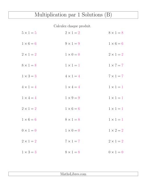 Règles de Multiplication Individuelles -- Multiplication par 1 -- Variation 0 à 9 (B) page 2