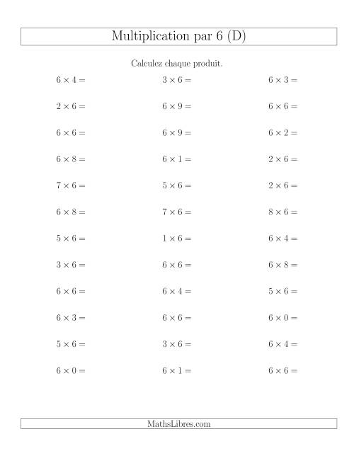 Règles de Multiplication Individuelles -- Multiplication par 6 -- Variation 0 à 9 (D)