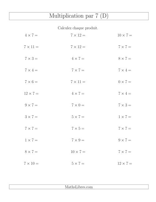 Règles de Multiplication Individuelles -- Multiplication par 7 -- Variation 0 à 12 (D)
