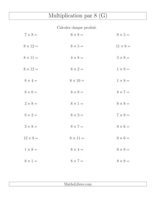 Règles de Multiplication Individuelles -- Multiplication par 8 -- Variation 0 à 12 (G)