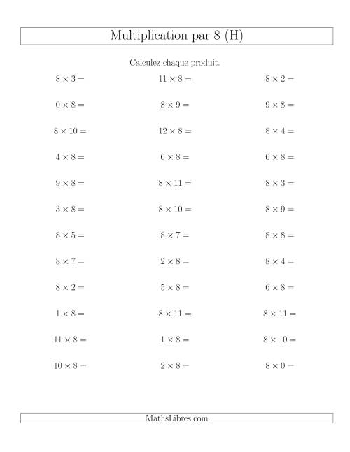 Règles de Multiplication Individuelles -- Multiplication par 8 -- Variation 0 à 12 (H)