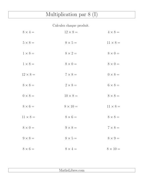 Règles de Multiplication Individuelles -- Multiplication par 8 -- Variation 0 à 12 (I)