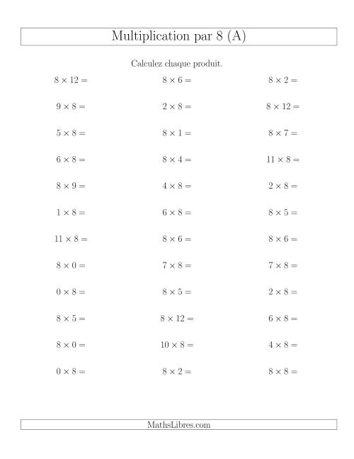 Règles de Multiplication Individuelles -- Multiplication par 8 -- Variation 0 à 12 (Tout)