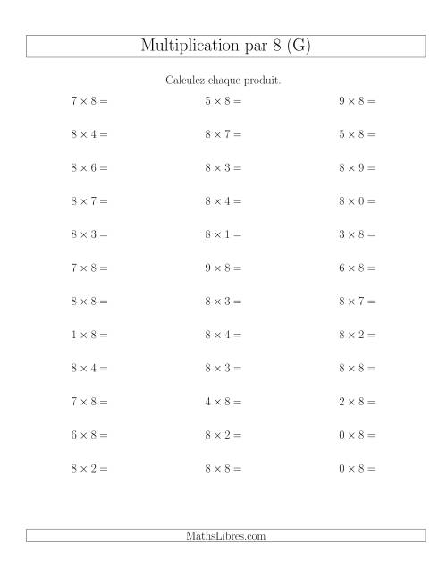Règles de Multiplication Individuelles -- Multiplication par 8 -- Variation 0 à 9 (G)