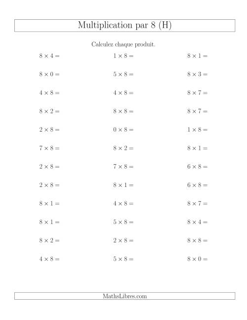 Règles de Multiplication Individuelles -- Multiplication par 8 -- Variation 0 à 9 (H)