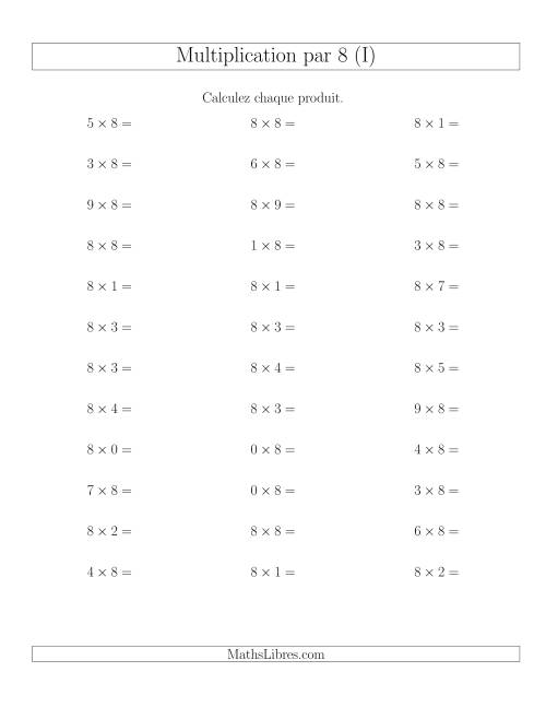 Règles de Multiplication Individuelles -- Multiplication par 8 -- Variation 0 à 9 (I)