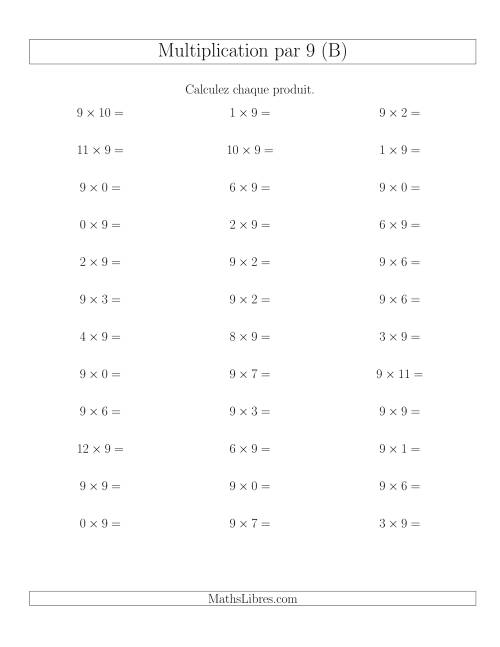 Règles de Multiplication Individuelles -- Multiplication par 9 -- Variation 0 à 12 (B)