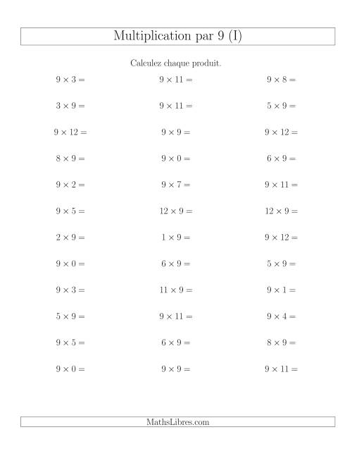 Règles de Multiplication Individuelles -- Multiplication par 9 -- Variation 0 à 12 (I)