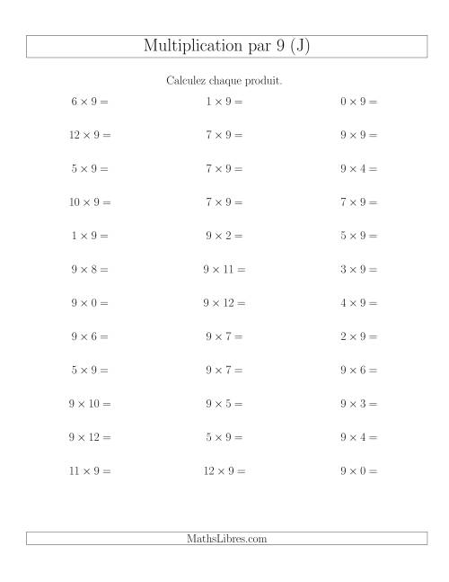 Règles de Multiplication Individuelles -- Multiplication par 9 -- Variation 0 à 12 (J)