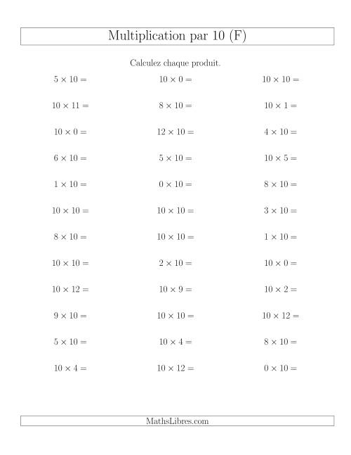 Règles de Multiplication Individuelles -- Multiplication par 10 -- Variation 0 à 12 (F)