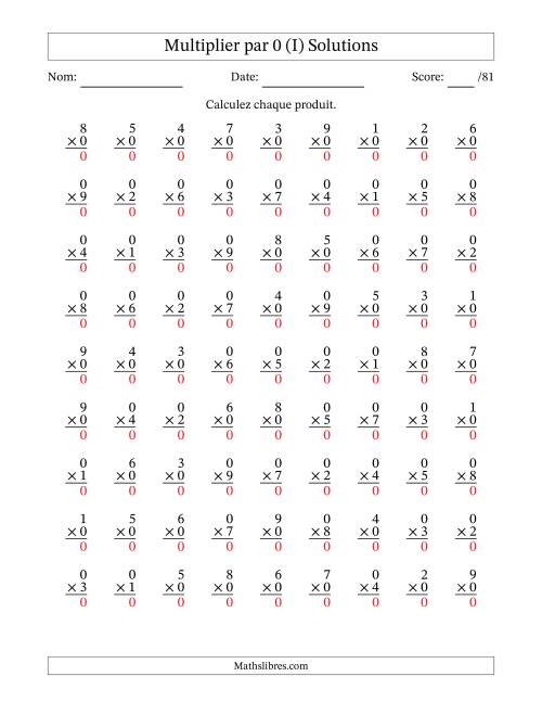 Multiplier (1 à 9) par 0 (81 Questions) (I) page 2