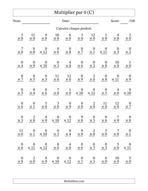 Multiplier (1 à 12) par 0 (100 Questions) (C)