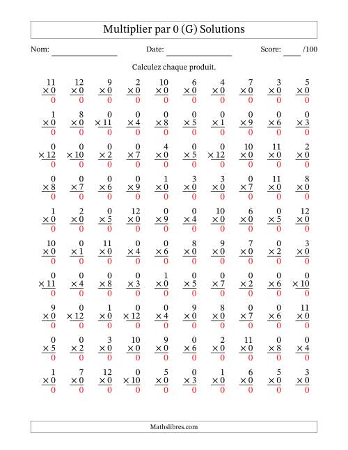 Multiplier (1 à 12) par 0 (100 Questions) (G) page 2