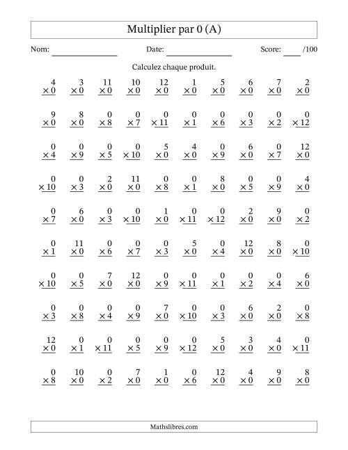 Multiplier (1 à 12) par 0 (100 Questions) (Tout)