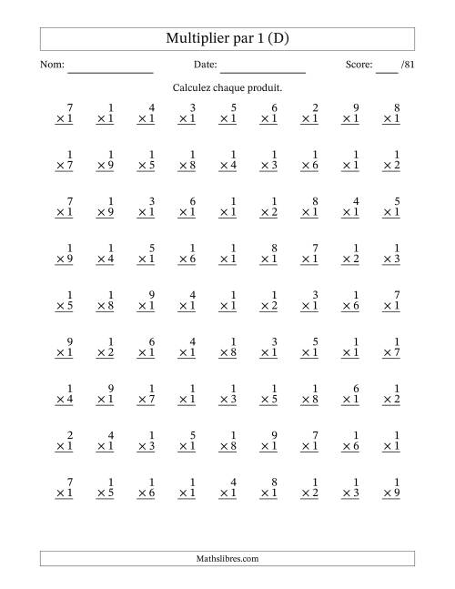 Multiplier (1 à 9) par 1 (81 Questions) (D)