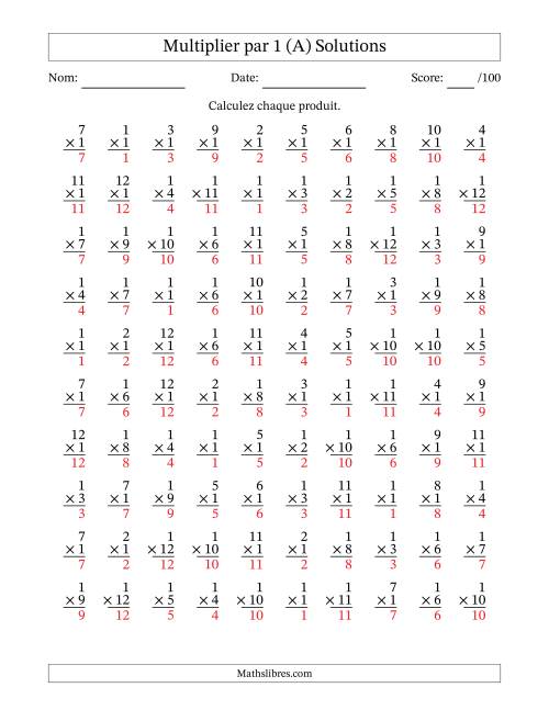 Multiplier (1 à 12) par 1 (100 Questions) (A) page 2