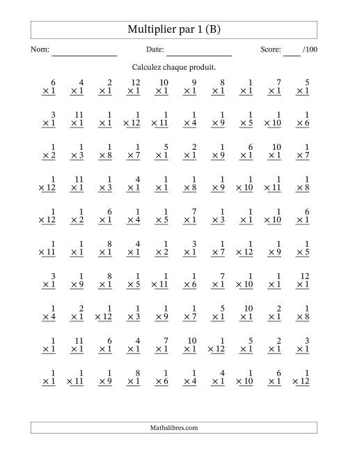 Multiplier (1 à 12) par 1 (100 Questions) (B)