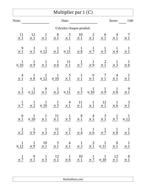 Multiplier (1 à 12) par 1 (100 Questions) (C)