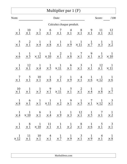 Multiplier (1 à 12) par 1 (100 Questions) (F)