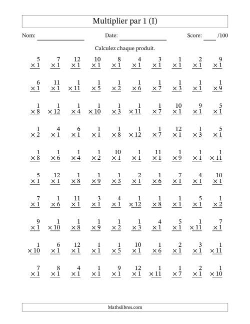 Multiplier (1 à 12) par 1 (100 Questions) (I)