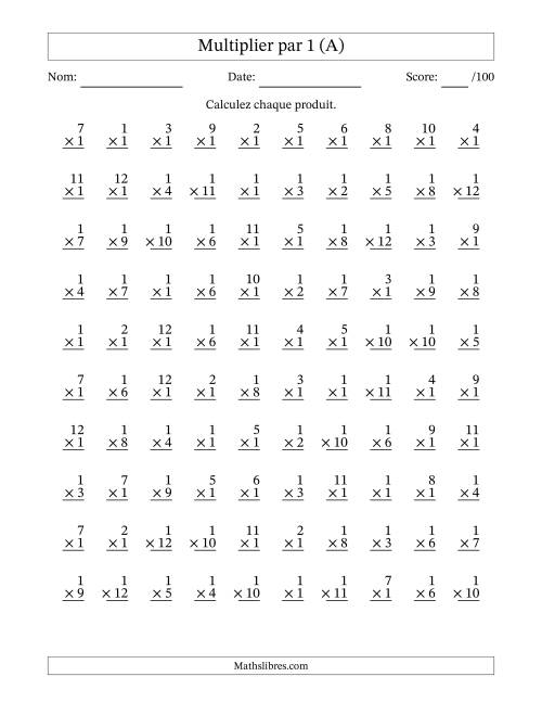 Multiplier (1 à 12) par 1 (100 Questions) (Tout)