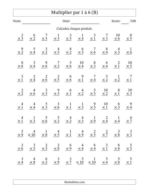 Multiplier (1 à 10) par 1 à 6 (100 Questions) (B)