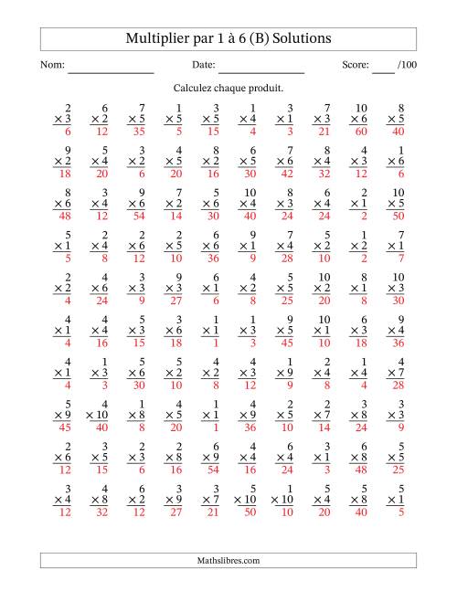 Multiplier (1 à 10) par 1 à 6 (100 Questions) (B) page 2
