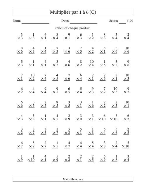 Multiplier (1 à 10) par 1 à 6 (100 Questions) (C)
