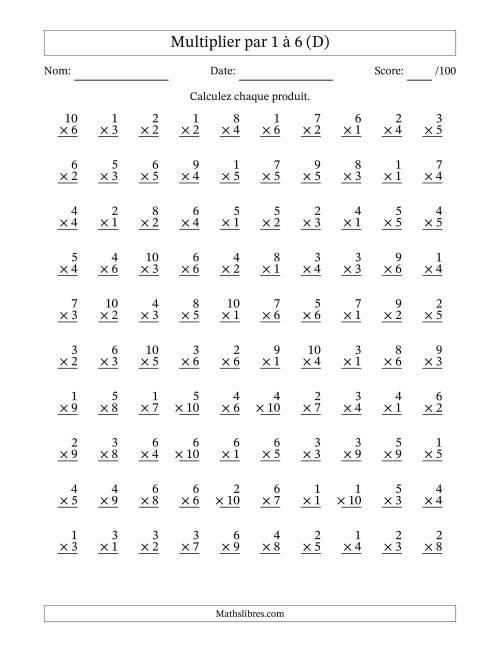 Multiplier (1 à 10) par 1 à 6 (100 Questions) (D)