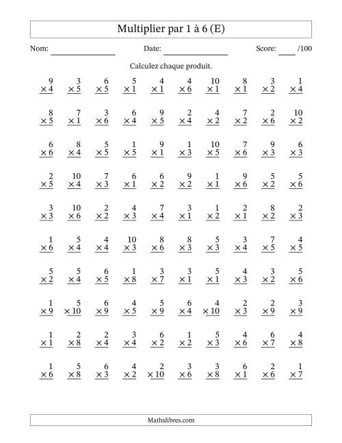 Multiplier (1 à 10) par 1 à 6 (100 Questions) (E)