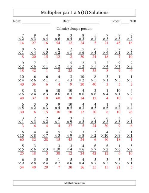 Multiplier (1 à 10) par 1 à 6 (100 Questions) (G) page 2