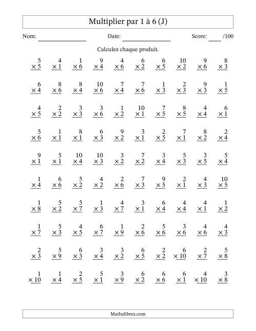 Multiplier (1 à 10) par 1 à 6 (100 Questions) (J)
