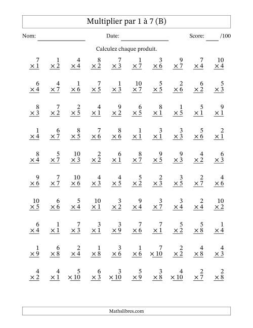 Multiplier (1 à 10) par 1 à 7 (100 Questions) (B)