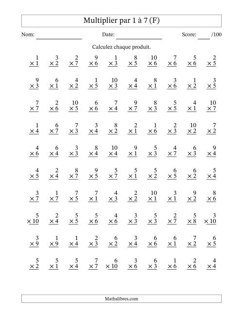 Multiplier (1 à 10) par 1 à 7 (100 Questions) (F)