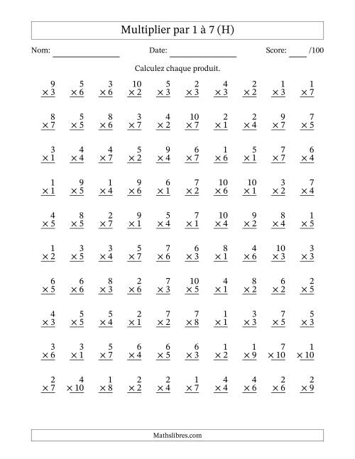 Multiplier (1 à 10) par 1 à 7 (100 Questions) (H)