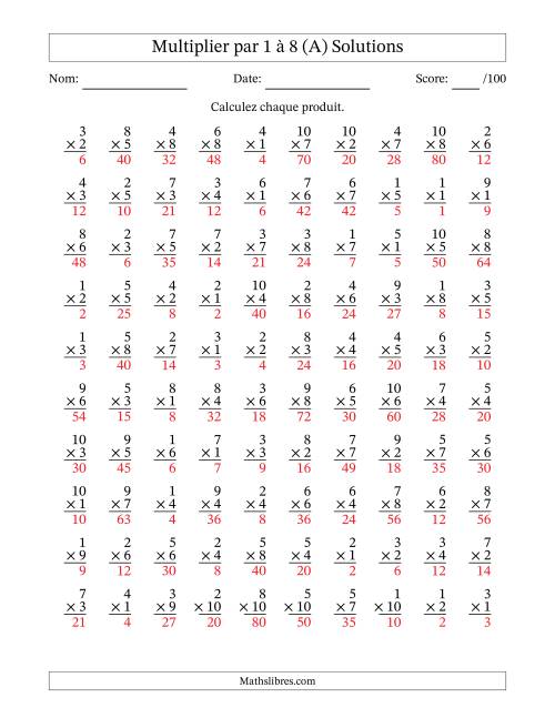 Multiplier (1 à 10) par 1 à 8 (100 Questions) (A) page 2