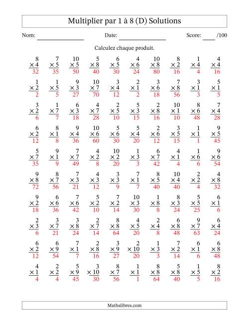Multiplier (1 à 10) par 1 à 8 (100 Questions) (D) page 2