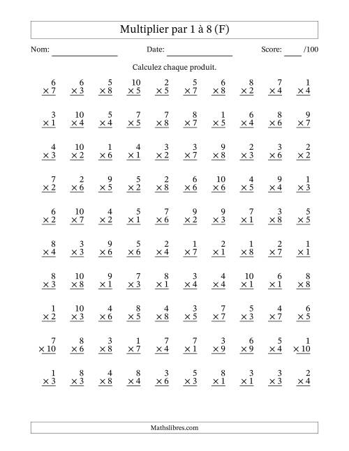 Multiplier (1 à 10) par 1 à 8 (100 Questions) (F)