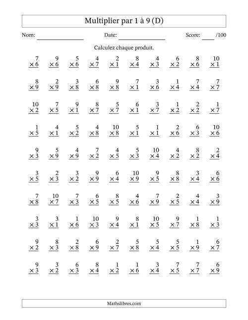 Multiplier (1 à 10) par 1 à 9 (100 Questions) (D)
