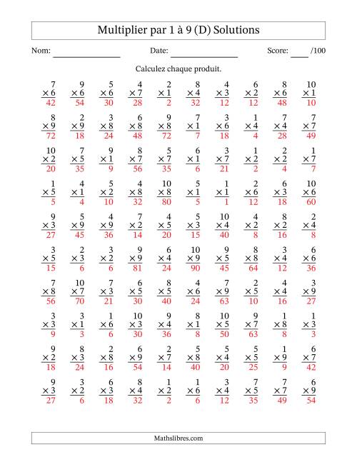 Multiplier (1 à 10) par 1 à 9 (100 Questions) (D) page 2
